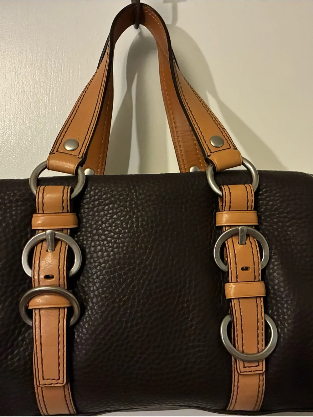 Women’s Brown Leather Tote with Tan Strap Accents